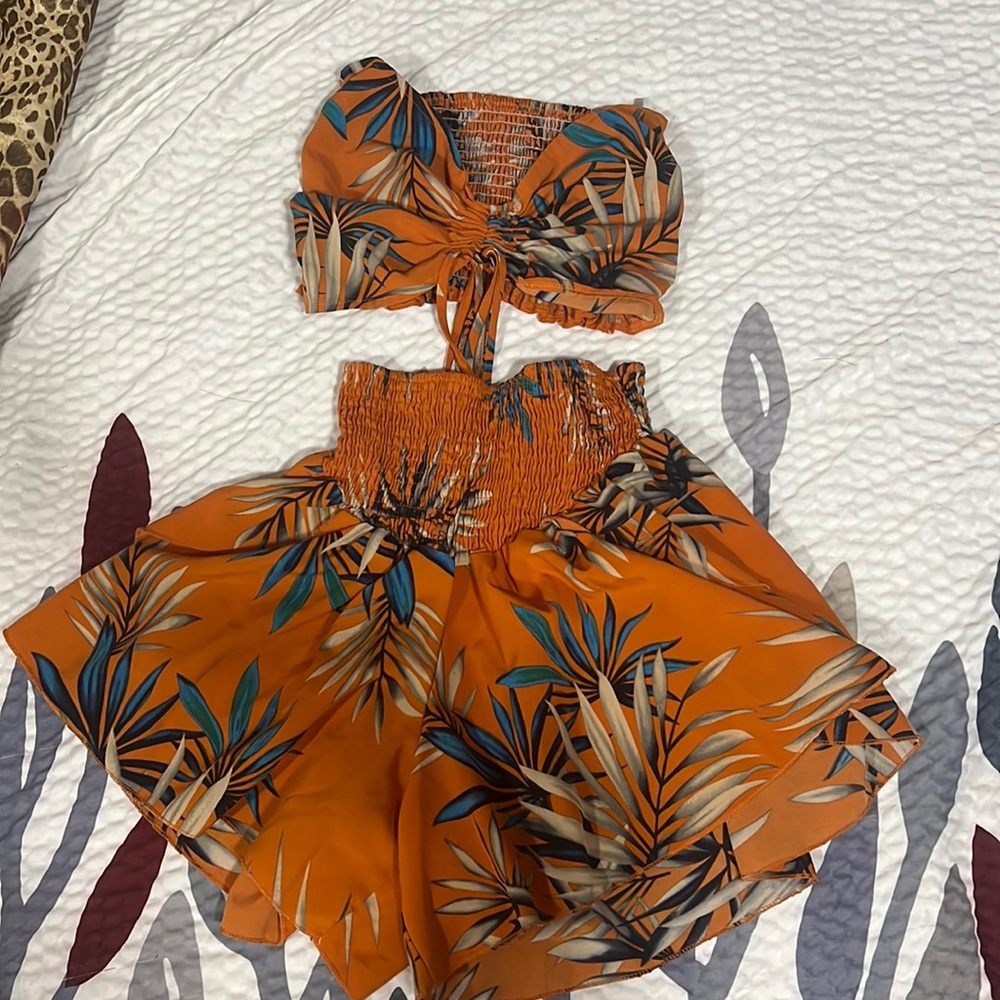 Small Orange Tropical Adjustable Tube Top and Flowy Shorts